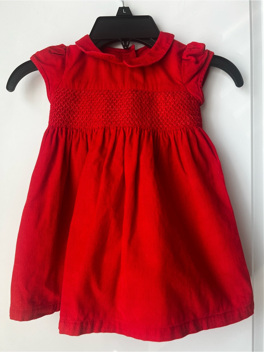 Girls Red Smocked Corduroy Dress with Peter Pan Collar